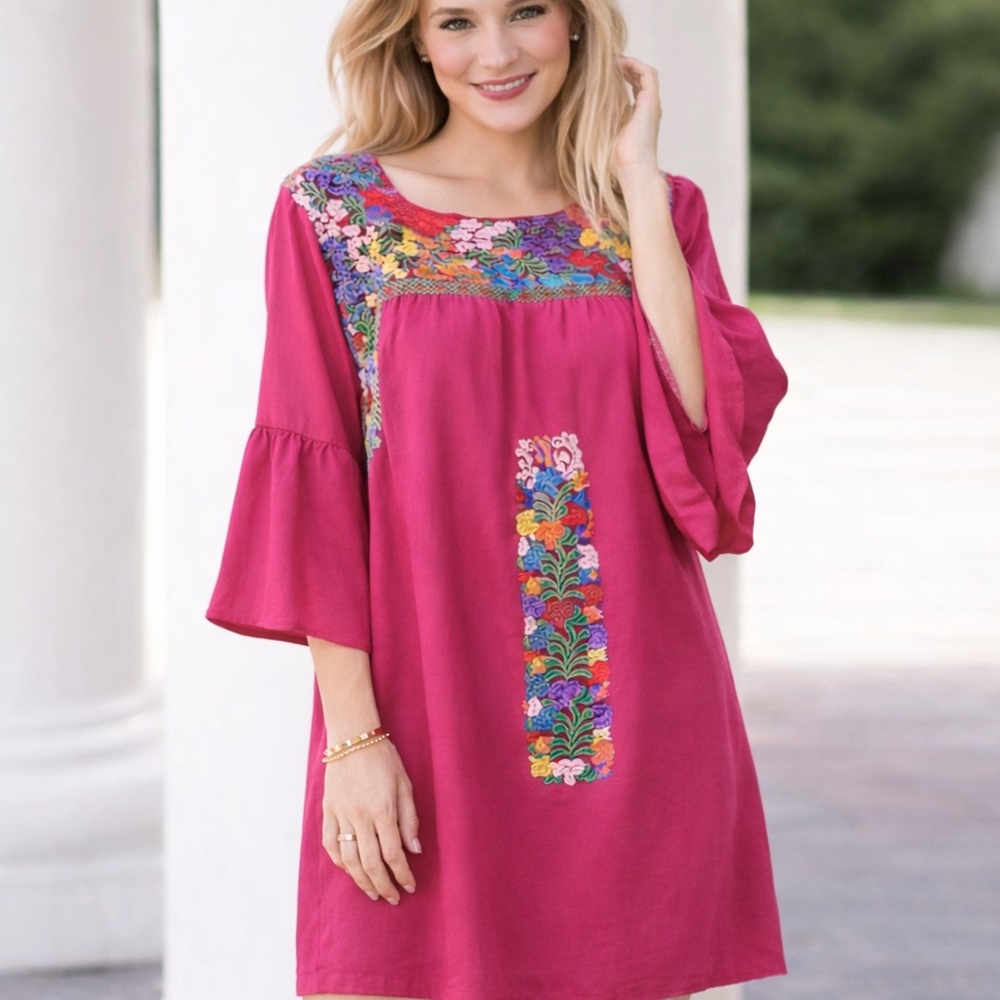 Pink Embroidered Linen Blend Tunic Dress Boho Shift Casual Summer S